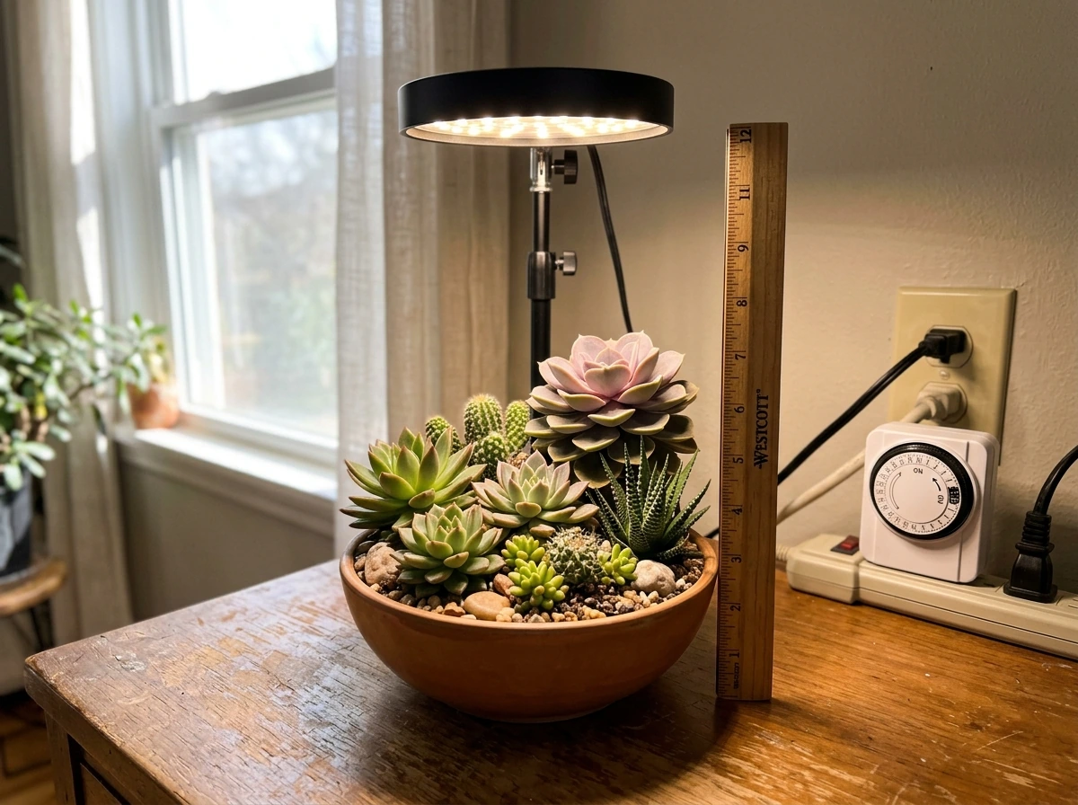 Succulents with a grow light on timer showing 12h on and 12h off setup