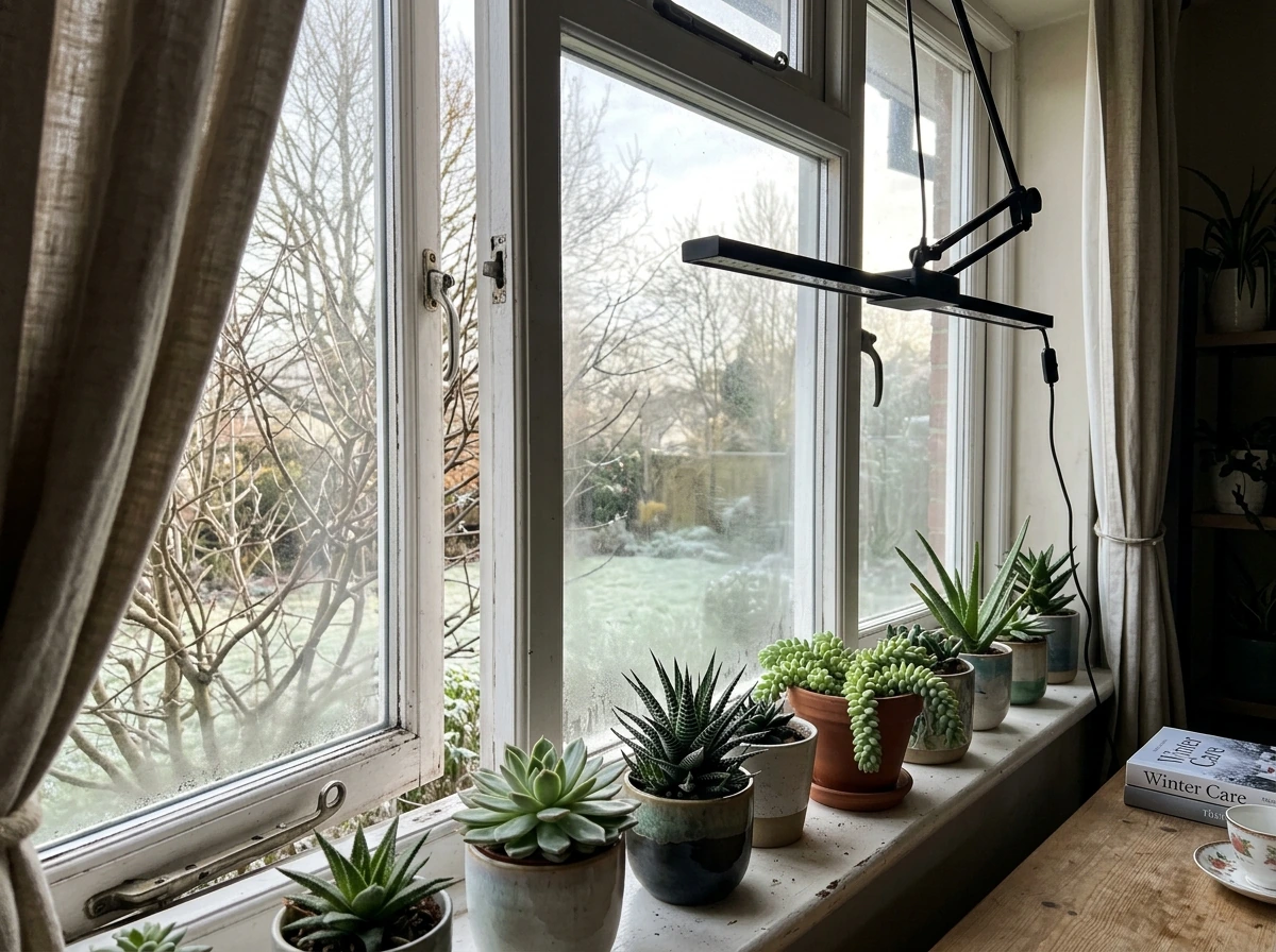 Succulents near a window with seasonal light difference and curtains