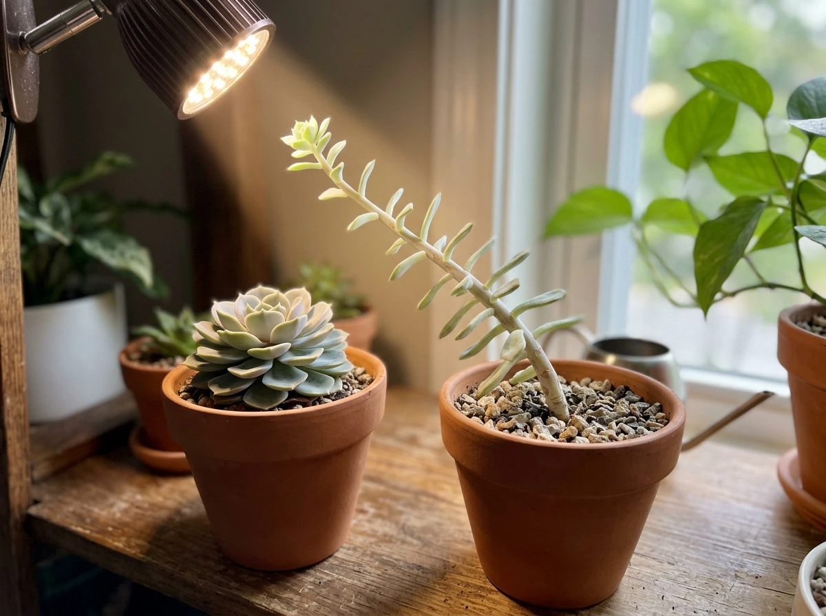 Etiolated succulent stretching toward a grow light