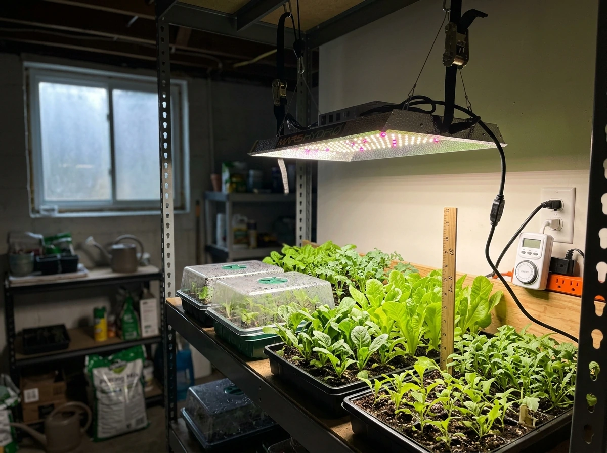 Vegetable grow lights over seedlings with a timer showing daily on/off cycles