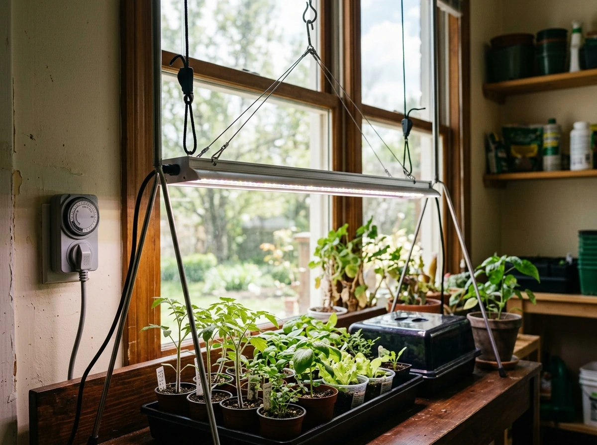 Vegetable seedlings under an LED grow light with an outlet timer schedule