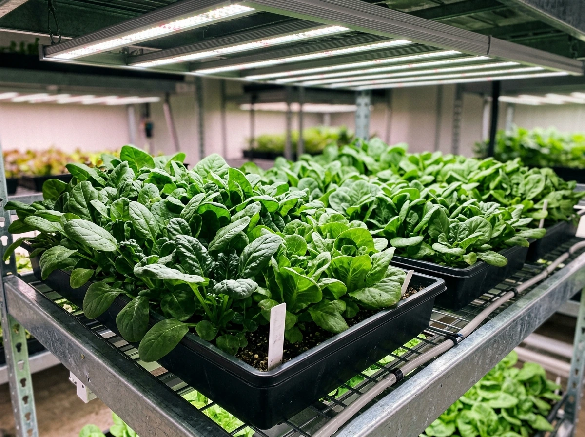 Vegetative-stage plants with fuller leaf canopy under grow lights