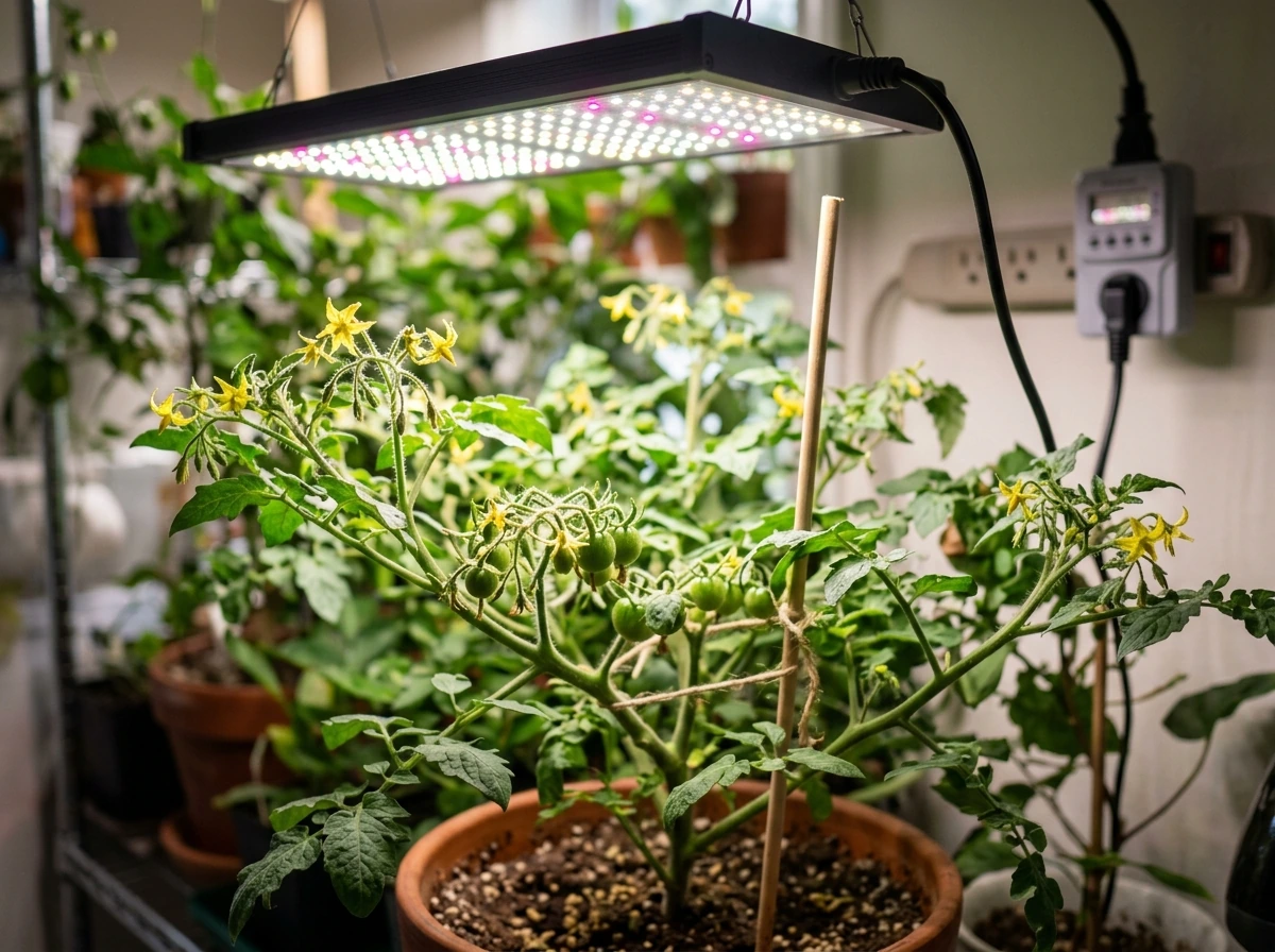 Fruiting vegetable with buds and young fruit under grow lights