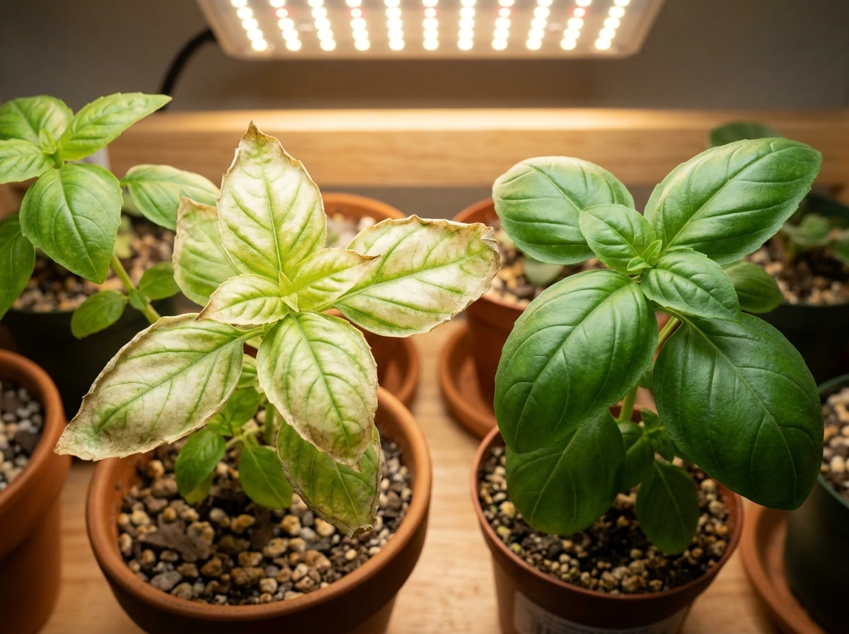 Comparison of leaf color/bleaching to show light stress under grow lights