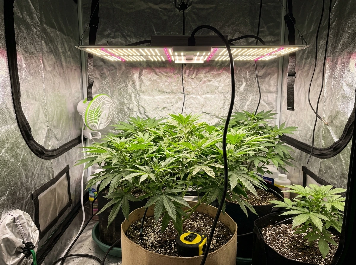 LED grow light over a healthy canopy with subtle signs of light stress nearby, inside a tent