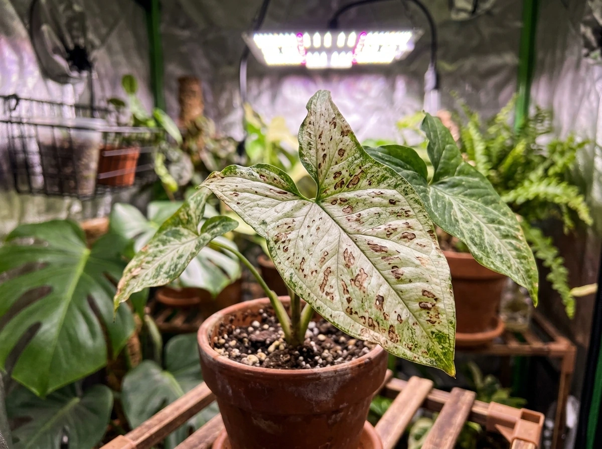 Close-up of LED light stress: pale, bleached leaf patches and dark scorched edges