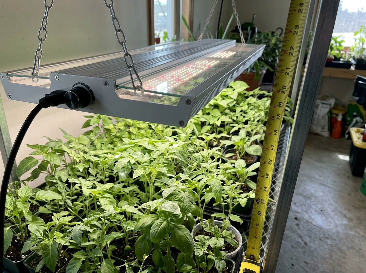 LED grow light hanging above canopy at a measured distance with a PPFD plan in view