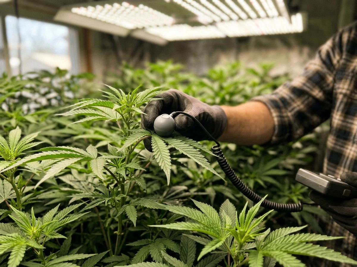 Quantum sensor placed at canopy level measuring PPFD near leaves