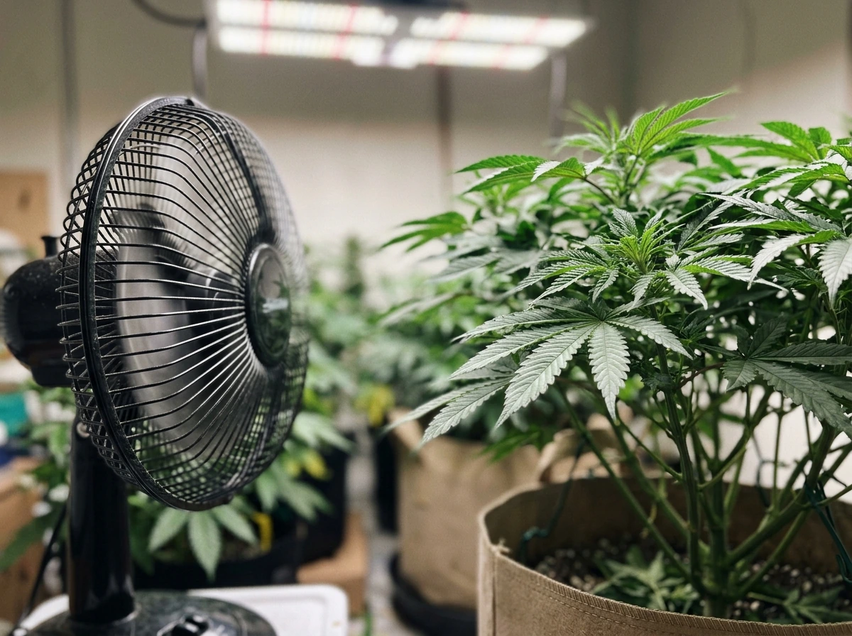 Fan aimed gently at canopy to prevent heat build-up and reduce light stress risk