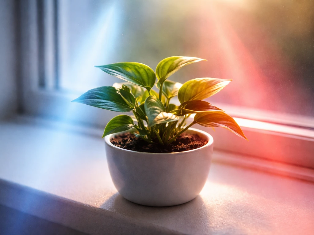 Small potted plant on a windowsill lit by subtle blue and red light to suggest PAR.