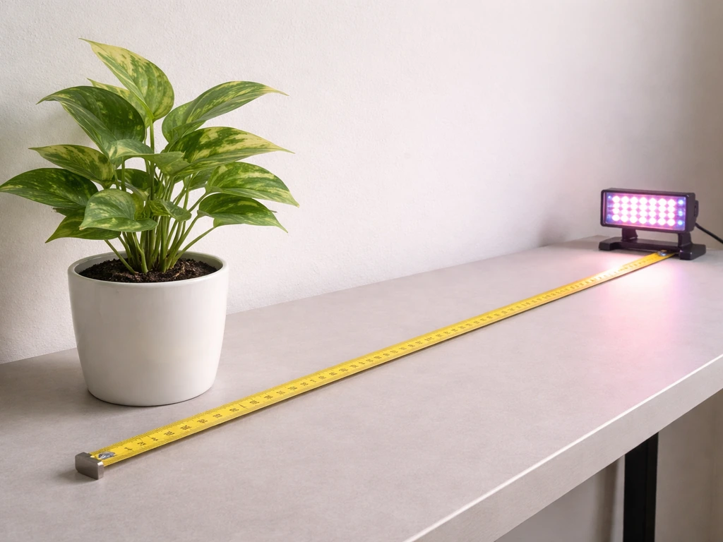 Houseplant under a grow light with a measuring tape showing distance placement
