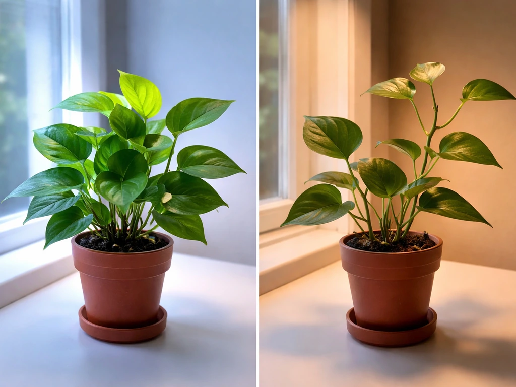 Pothos plant comparing cool daylight LED vs dim warm bulb, showing compact new growth vs leggy growth.