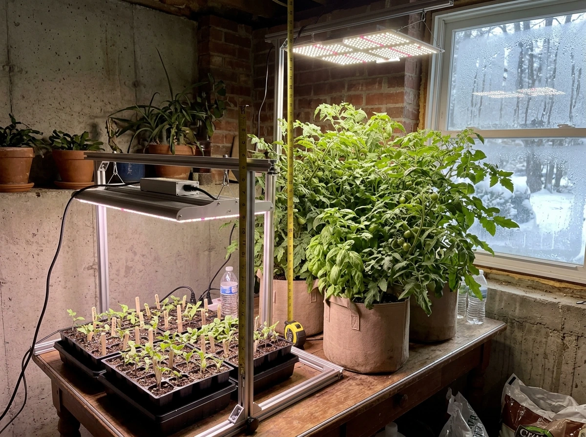 Plant spacing under grow lights showing growth stage differences