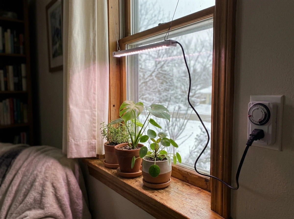 Timer plugged into grow light controlling winter photoperiod schedule