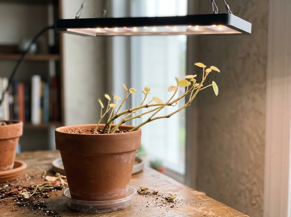 Leggy, stretched stems reaching upward toward a grow light