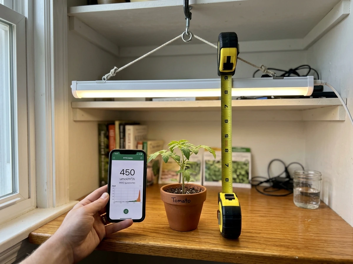 Seedling under a white LED with distance measurement and PPFD check