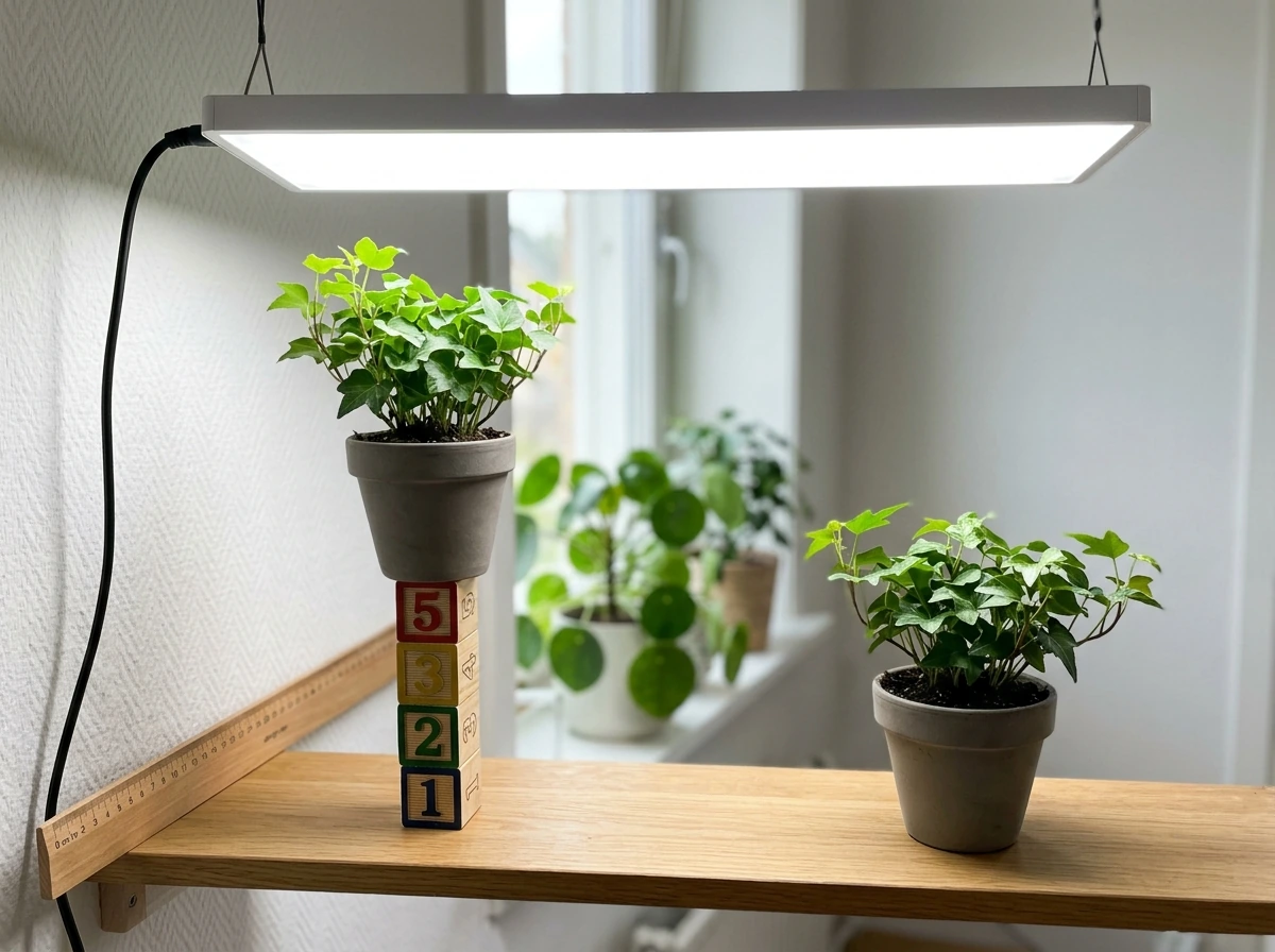 Two plants under white LEDs at different distances for intensity comparison