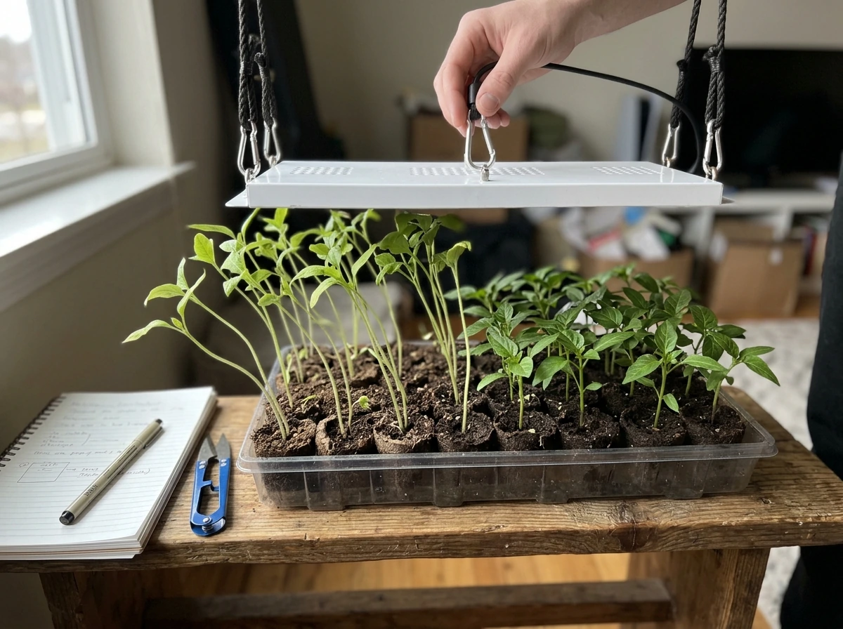 Leggy, stretched seedlings beneath a white LED while adjusting setup