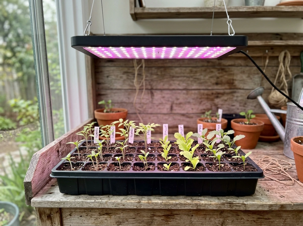 Vegetable seedlings under grow lights with consistent distance
