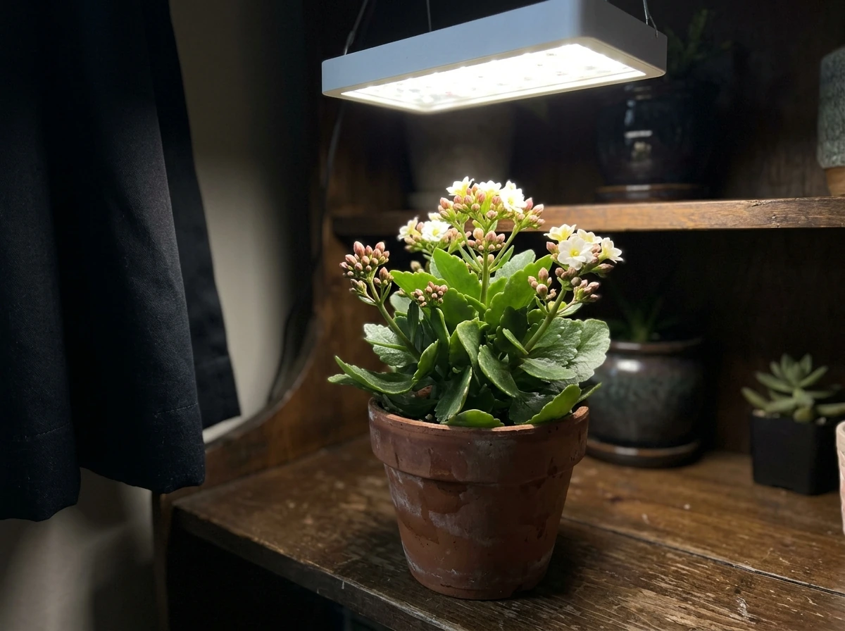 Flowering plant with buds near grow light showing short-day darkness needs