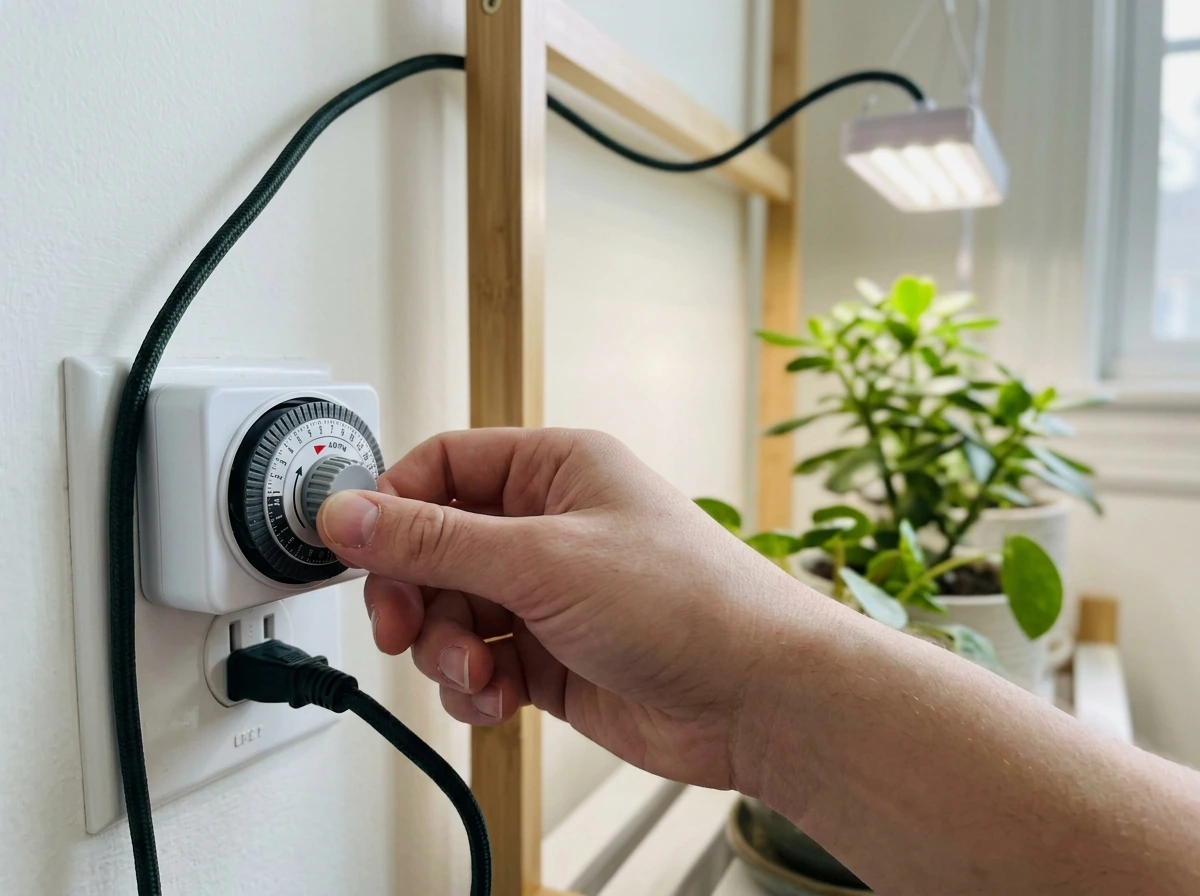 Plug-in outlet timer controlling grow lights (hands adjusting settings)