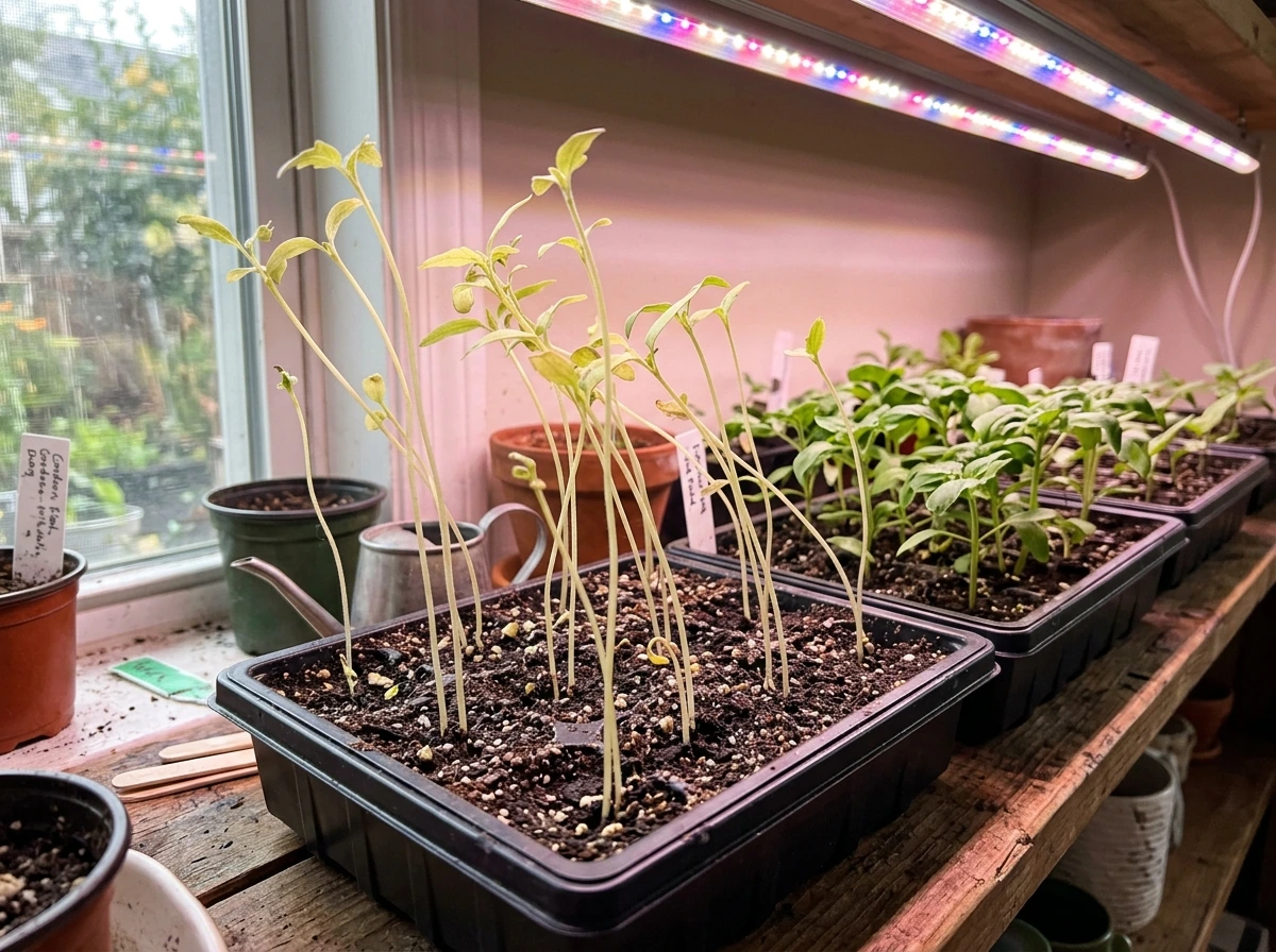 Leggy seedlings reaching toward grow light and pale leaves
