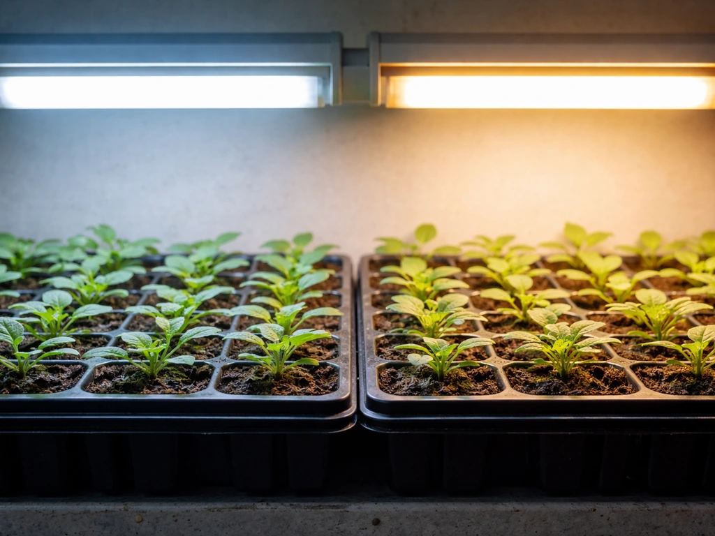 Side-by-side seedlings under cool-white vs warm-white fluorescent tubes showing different leaf color casts.
