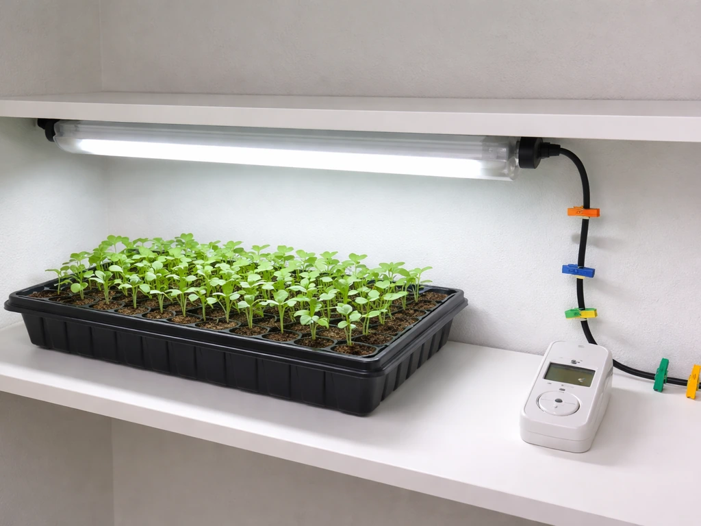 Seedlings under an overhead fluorescent grow light with a timer box on a shelf, minimal indoor setup.