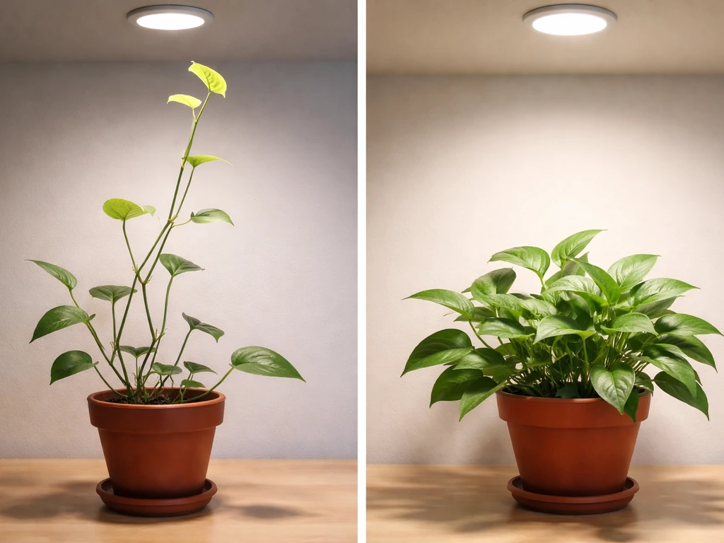 Comparison of leggy pale plant reaching for dim light versus compact healthy growth under brighter light.