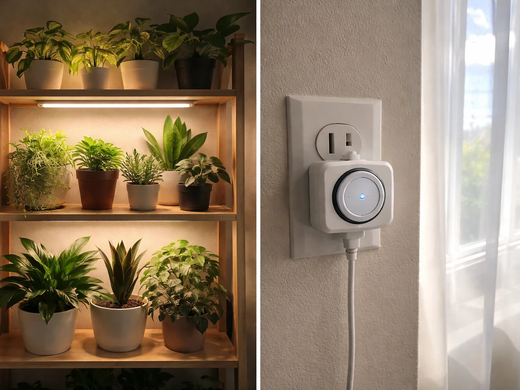 Indoor plant shelf with healthy leaves beside a close-up grow light timer and bright window light.