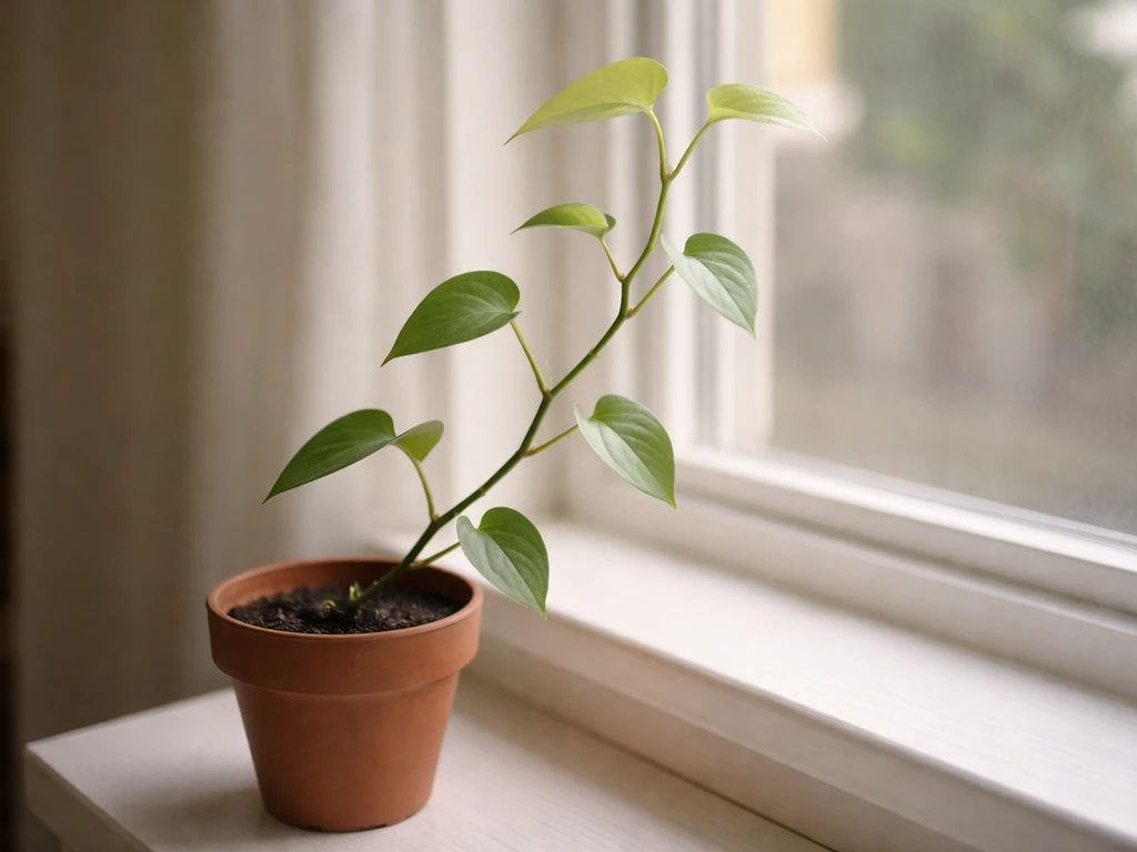 Potted indoor plant with pale, leggy new growth near a window, showing it may need more light.