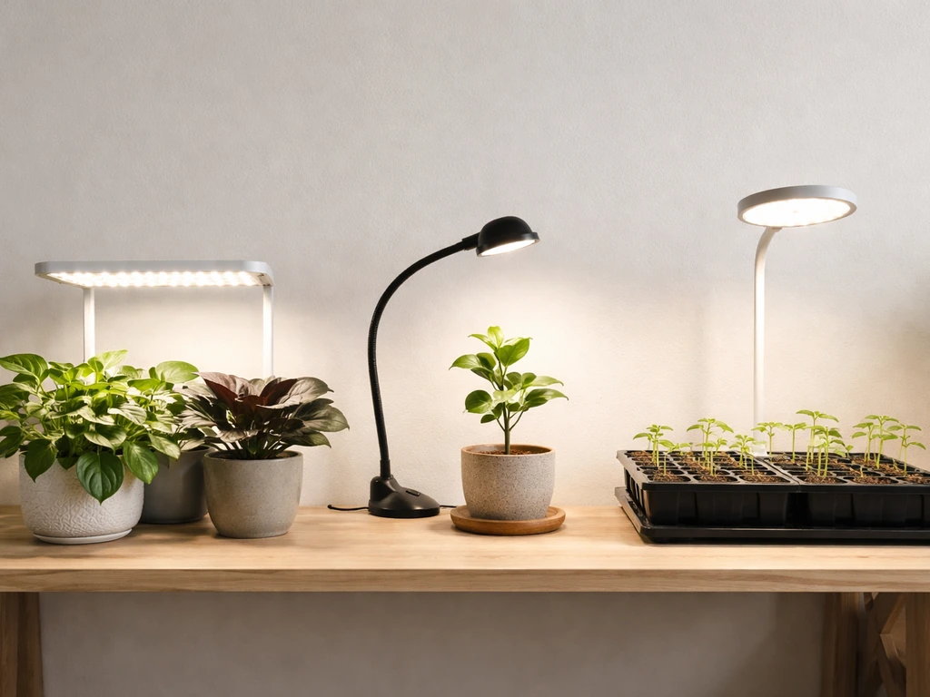 Three small plant grow setups side-by-side showing different light types for foliage, small plants, and seedlings