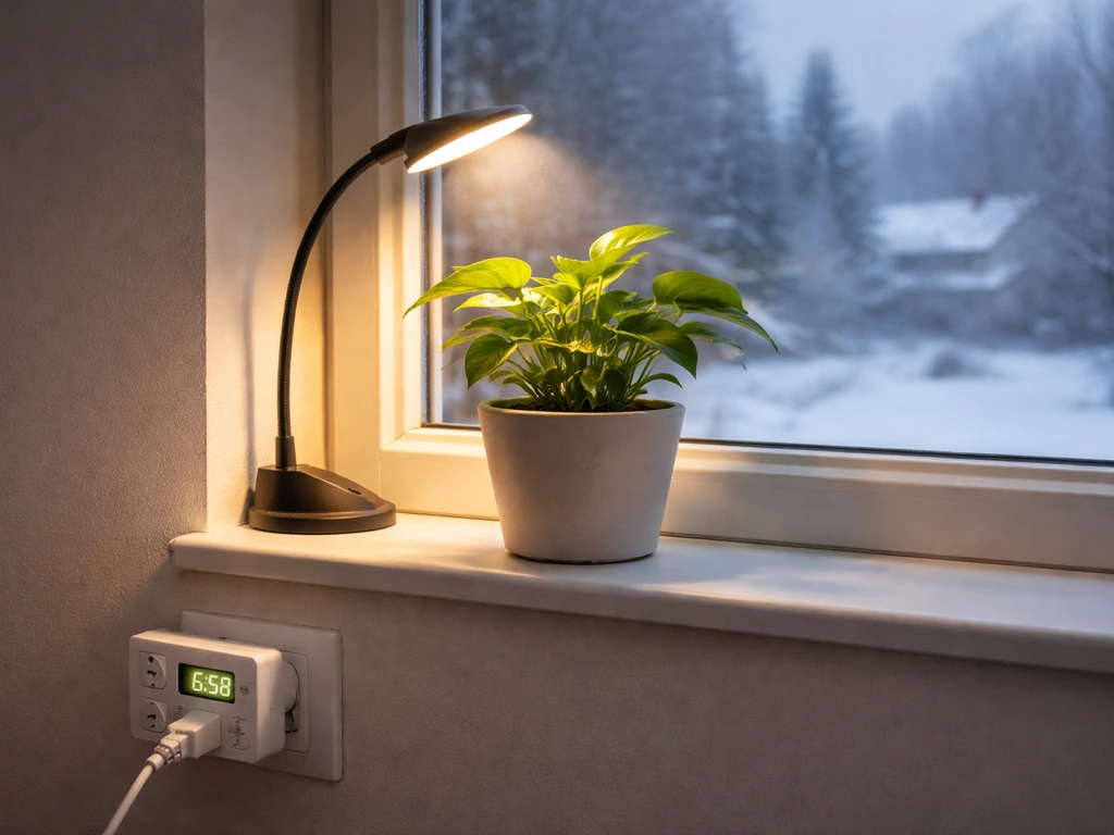 Houseplant by a window with a lit grow light and a small timer device in view.