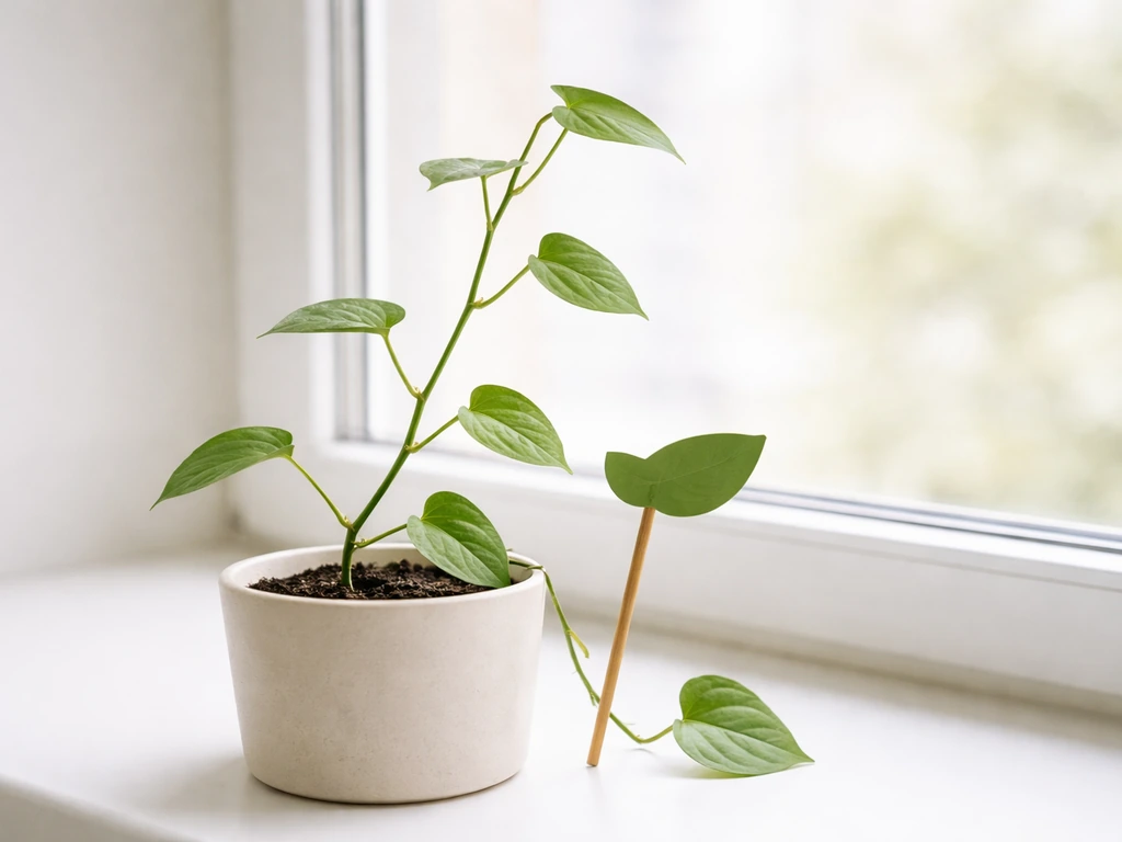 Single leggy houseplant in a pot with a blank leaf sign beside it on a windowsill.