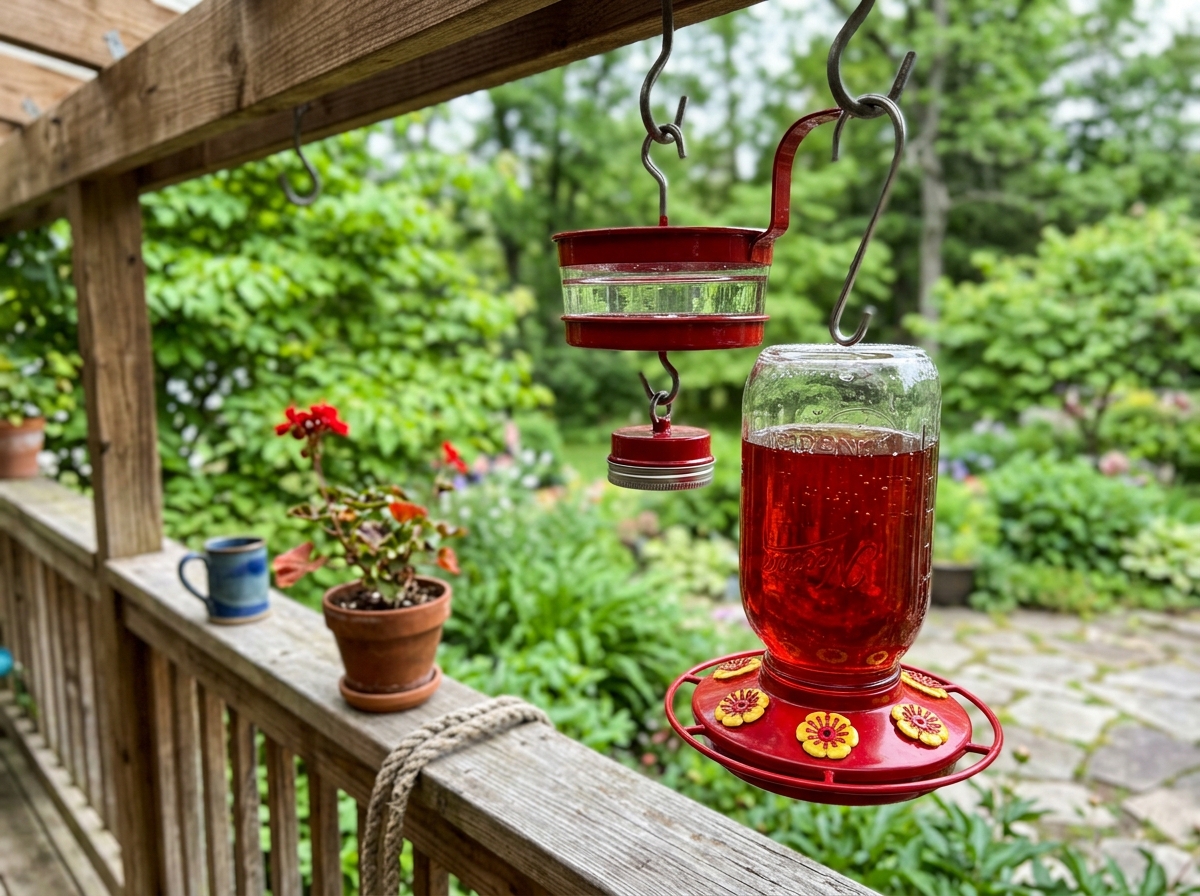 Glass bottle feeder with wide mouth and water-filled ant moat
