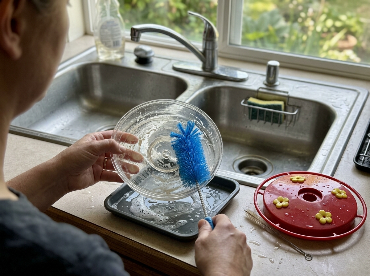 Feeder disassembled and scrubbed with a bottle brush for easy cleaning