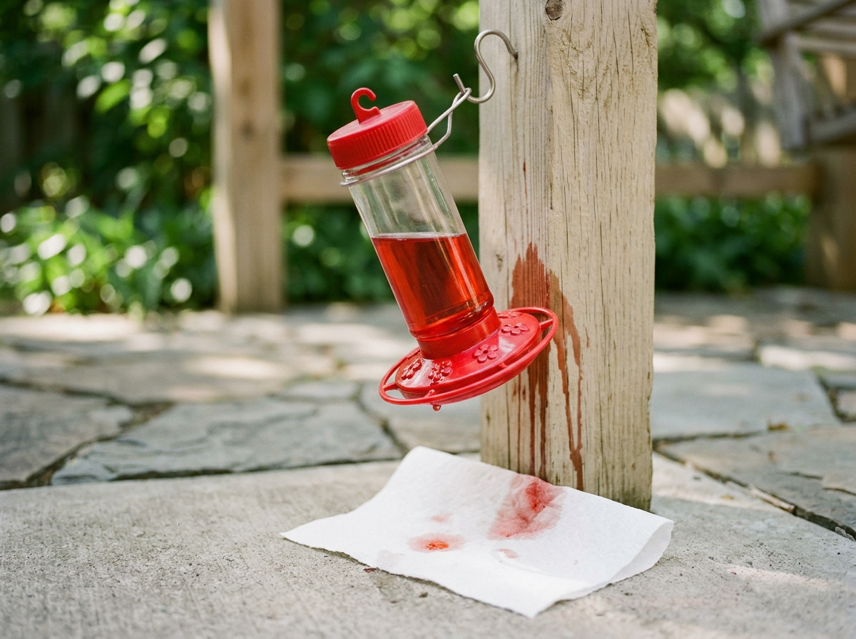 Bottle-style feeder leaking nectar around the base