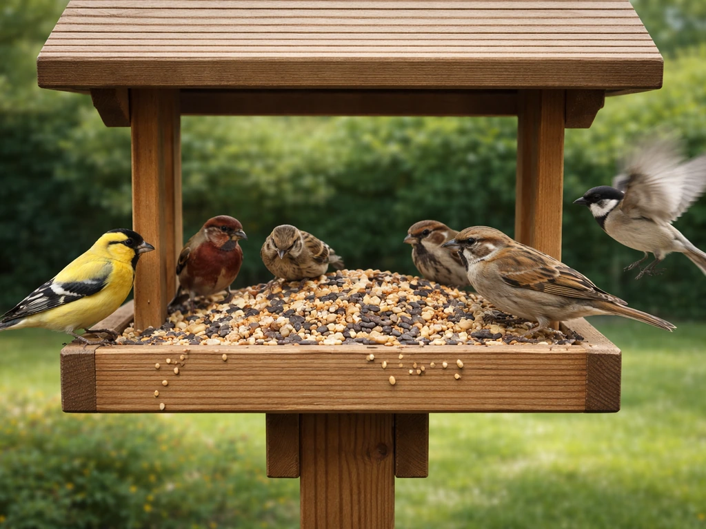Hopper bird feeder brimming with seed as multiple small birds feed in a quiet backyard.