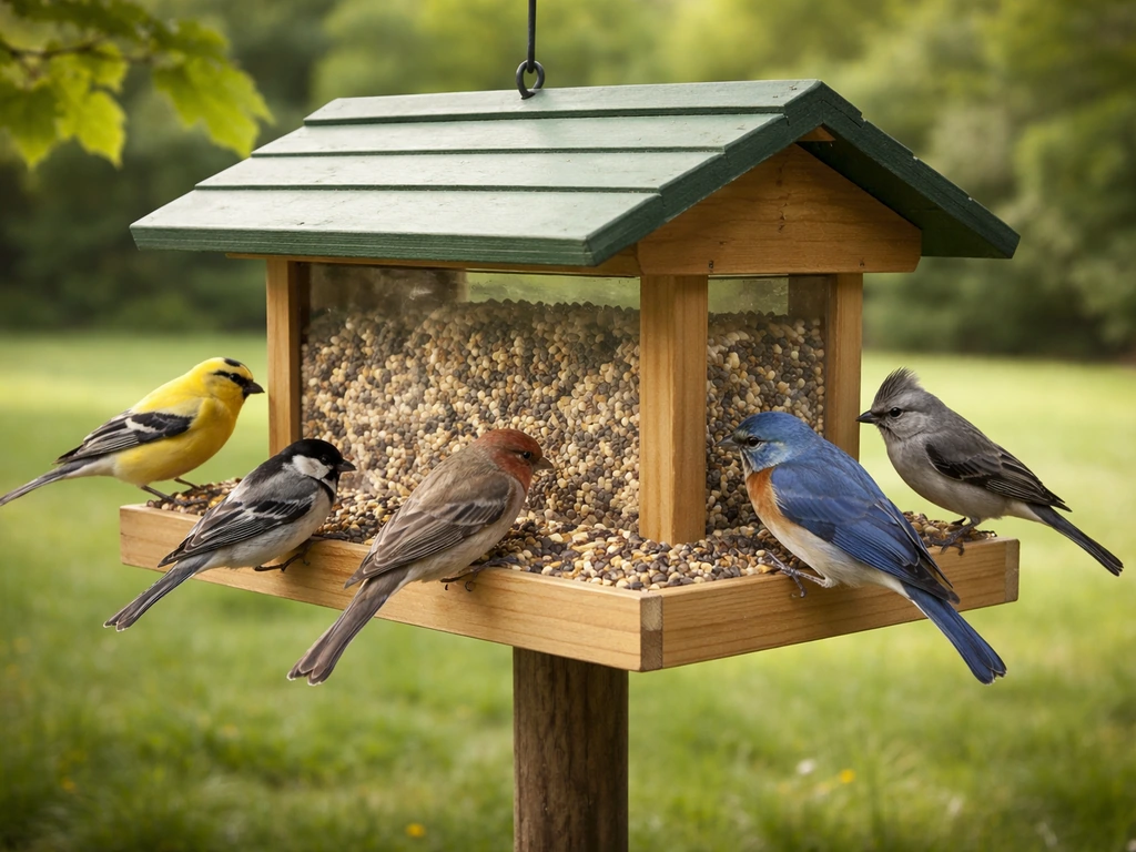 A hopper bird feeder with several birds feeding at once on multiple perches.