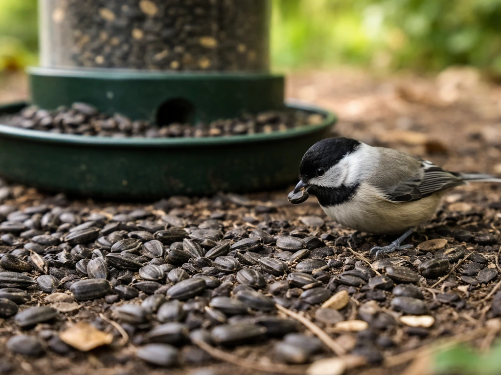 A small wild bird pecks black oil sunflower seeds on a feeder with greenery blurred in the background.