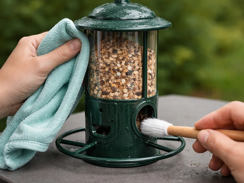 A powder-coated metal bird feeder being wiped clean with a cloth and small brush