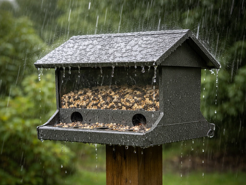 Rain splashing around a weatherproof bird feeder with a steep metal roof and dry seed ports during a downpour.