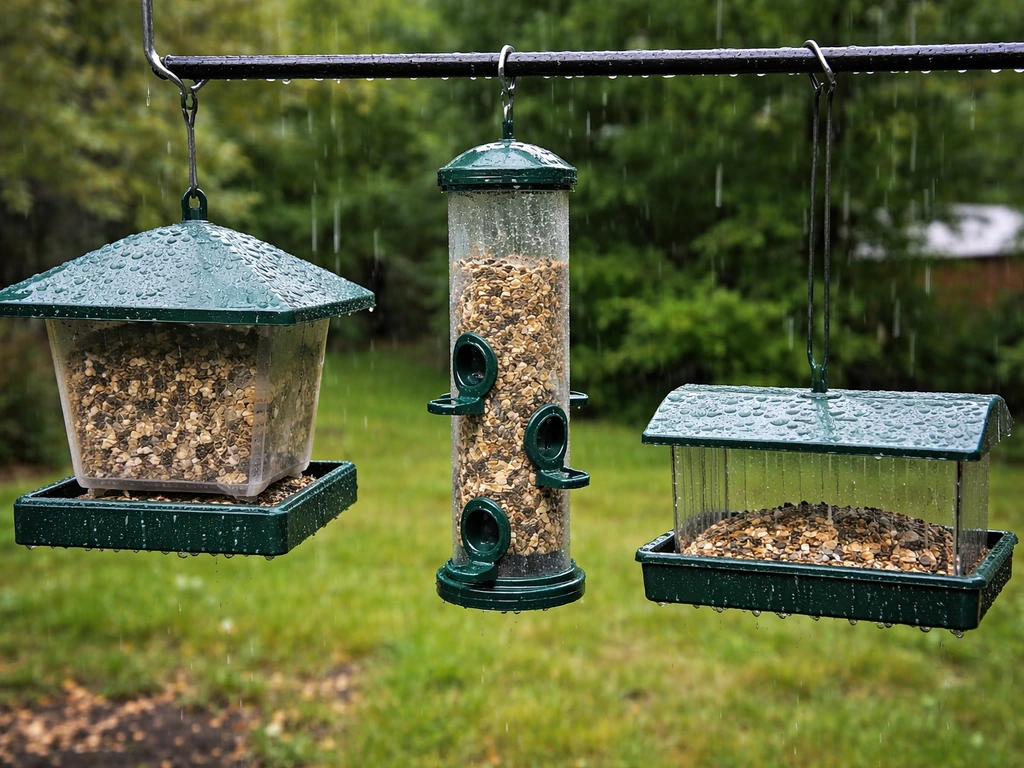 Three bird feeders under rain: hopper sheltered, tube and open styles show more seed exposure.