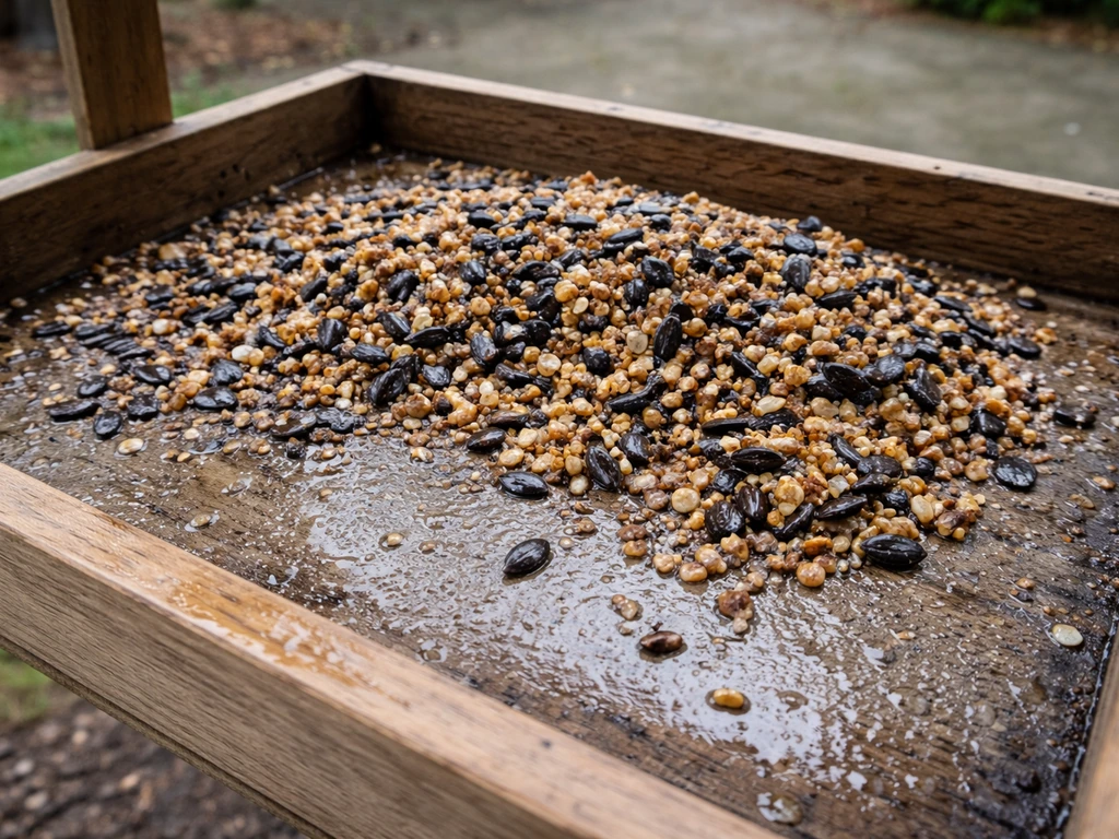 Close-up of an open platform feeder tray with damp seeds, suggesting mold risk in a simple outdoor setup.