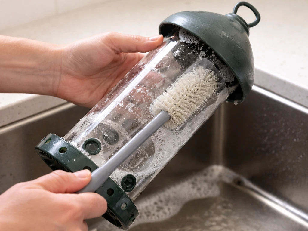 Person scrubs an empty weatherproof seed feeder with hot soapy water; drainage holes visible.