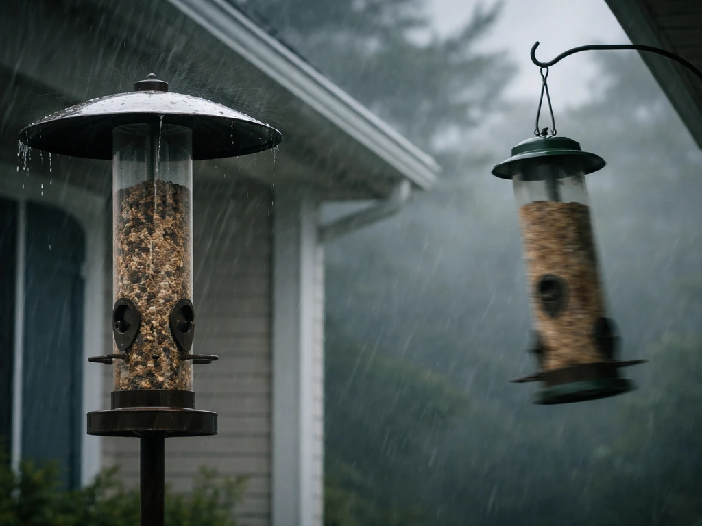 Pole-mounted bird feeder under a baffle stays aligned while a hanging feeder sways in wind.