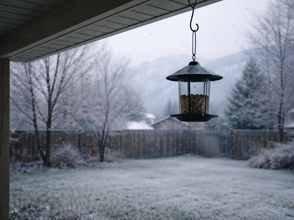 Snowy Utah backyard with a metal bird feeder hanging off a covered porch during winter cold.