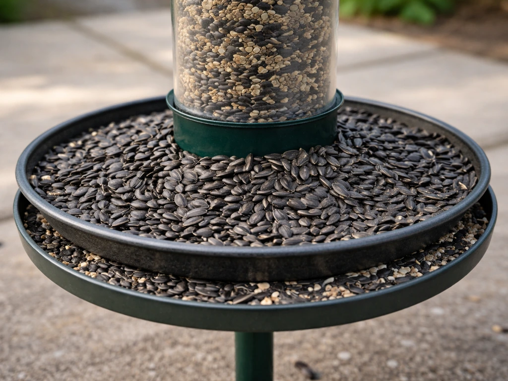 Close-up of a seed tray with black-oil sunflower seeds and a hull catcher minimizing waste.