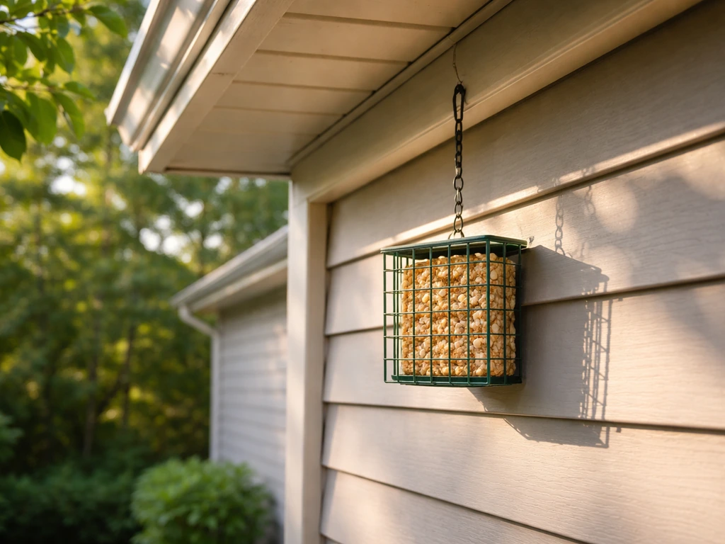 Bird suet feeder on the south side of a home in morning sun with wind protection from the eave.