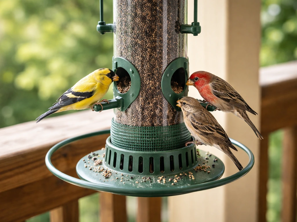 Close-up of a niger seed bird feeder with finches feeding from ports and seed visible